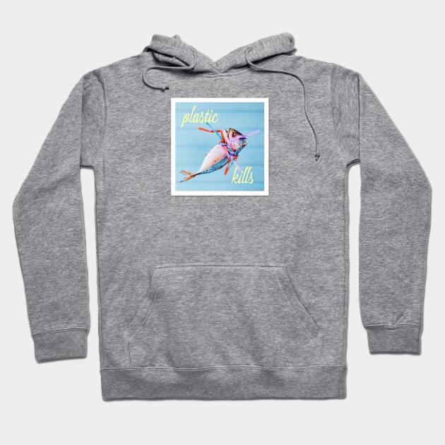 'Plastic kills' typography with a dead fish strangled by plastic straws, retro colors. Hoodie by Earthworx